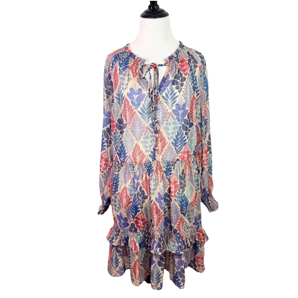 Anthropologie GREYLIN Dress Womens Small Blue Floral Long Sleeve Midi Fit Sheer